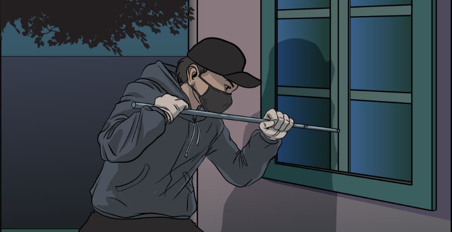 Illustration of burglar forcing entry through a window in San Francisco