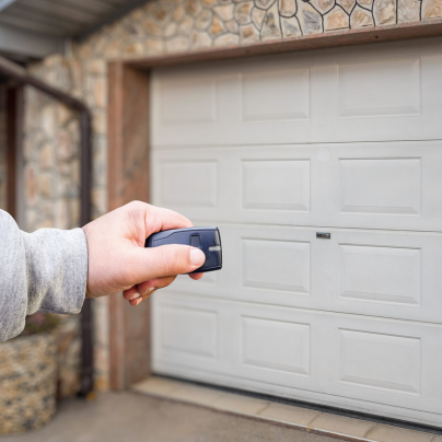 San Francisco security key fob pointing to a garage door